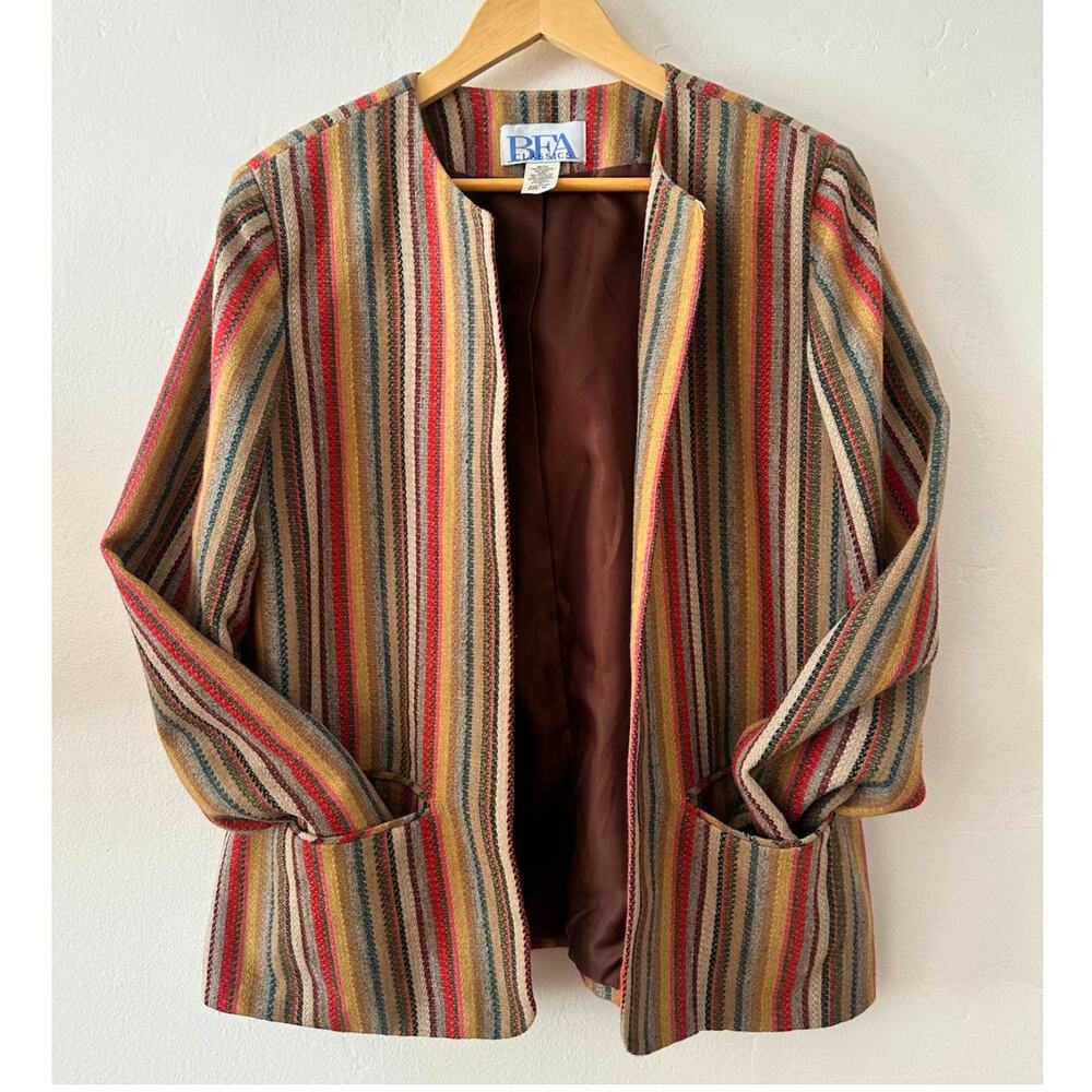 Vintage Striped Womens Blazer Size Large Wool Blend Jeweled Stripe